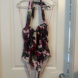 Zara Floral Halter One-Piece Bodysuit in Pink and Black